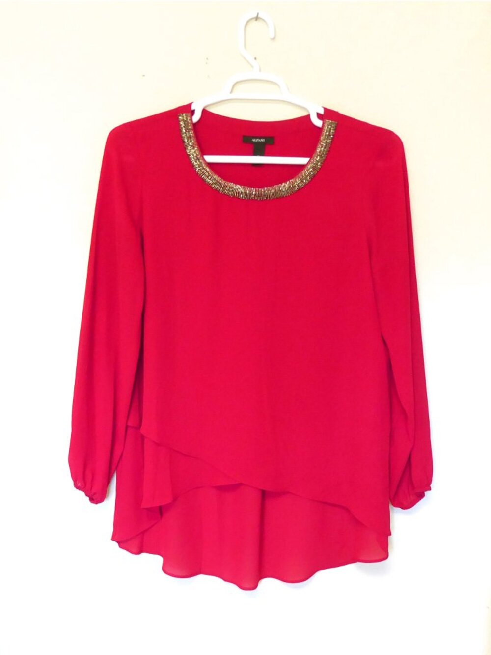 Alfani red layered chiffon and silver beaded collar long sleeve blouse size 12